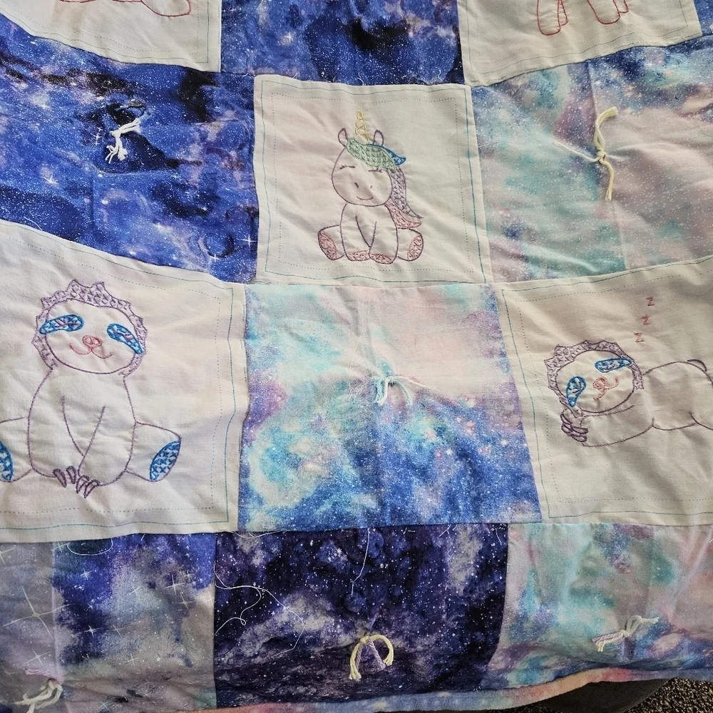 Handmade Patchwork Animal Baby Quilt Blue White Rainbow Sloth Unicorn Sleeping